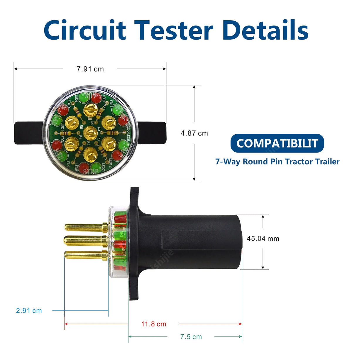7-Way round Pin Trailer Truck Circuit Plug Tester Replace 7865L, Trailer Tractor Light Tester for Testing Turn Signals
