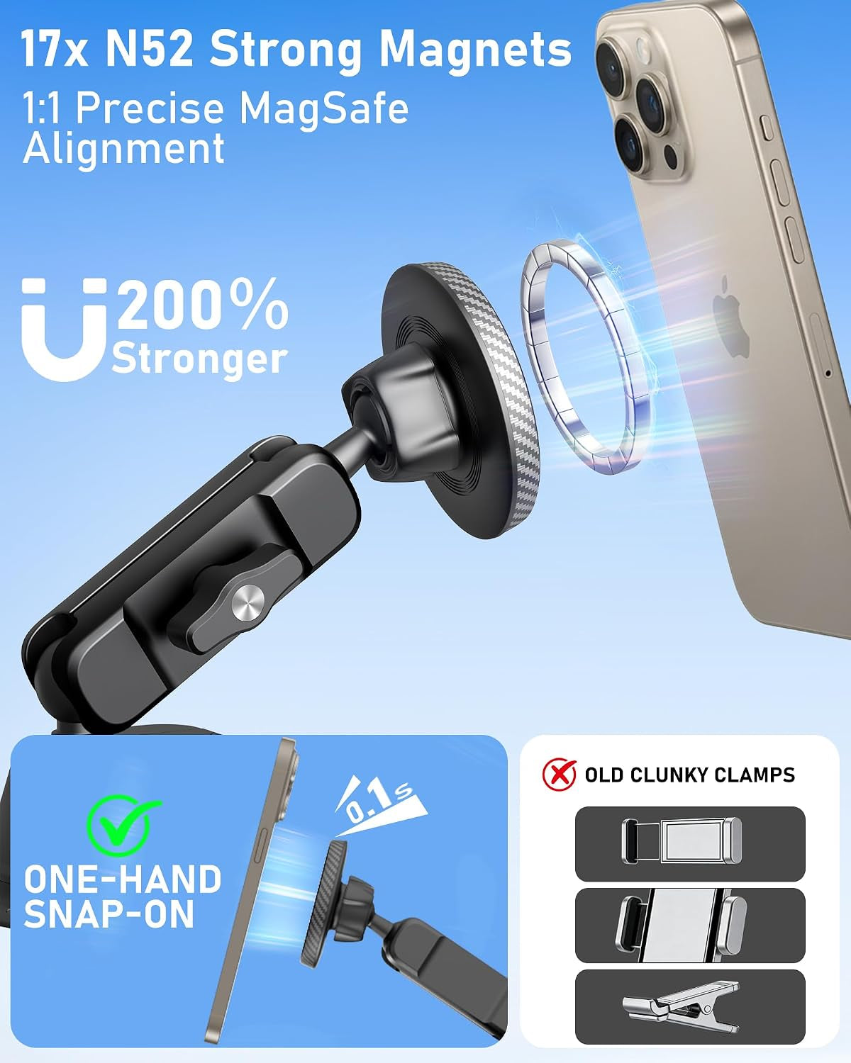 Magnetic Vacuum Suction Cup Phone Mount for Truck & Car, Heavy Duty Semi Truck Holder, 17X Strong Magnets, Adjustable Aluminum Arm Windshield Dashboard Window Mount for Magsafe Iphone 12–17 & Samsung