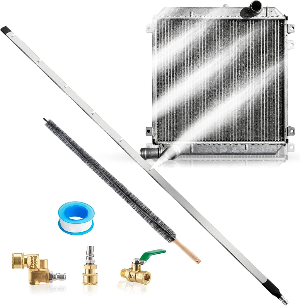 40" Radiator Cleaning Wand, 4500 PSI Radiator Cleaner Wand Water & Air Dual-Use, Radiator Cleaning Tool with 25° Fan Nozzle, Brush, Quick Coupler, Radiator Cleaner for Car, Truck, RV
