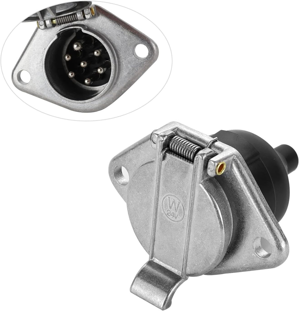 7-Pin round Vehicle-Side Female-End Socket Replacement SAE J560 Style, Die-Cast Zinc Housing 7-Way round Electrical Connector, Semi Truck Trailer Wiring Harness Car End - Sliver
