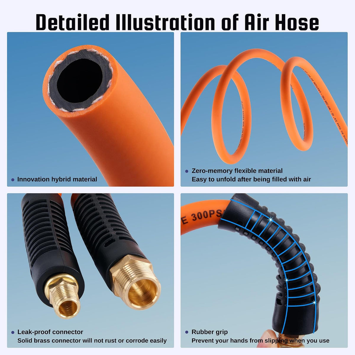 Truck Tire Inflator Kit, 3/8” X 50FT Hybrid Air Hose with 1/4" Chuck and 1/2" NPT Universal Gladhand Connection