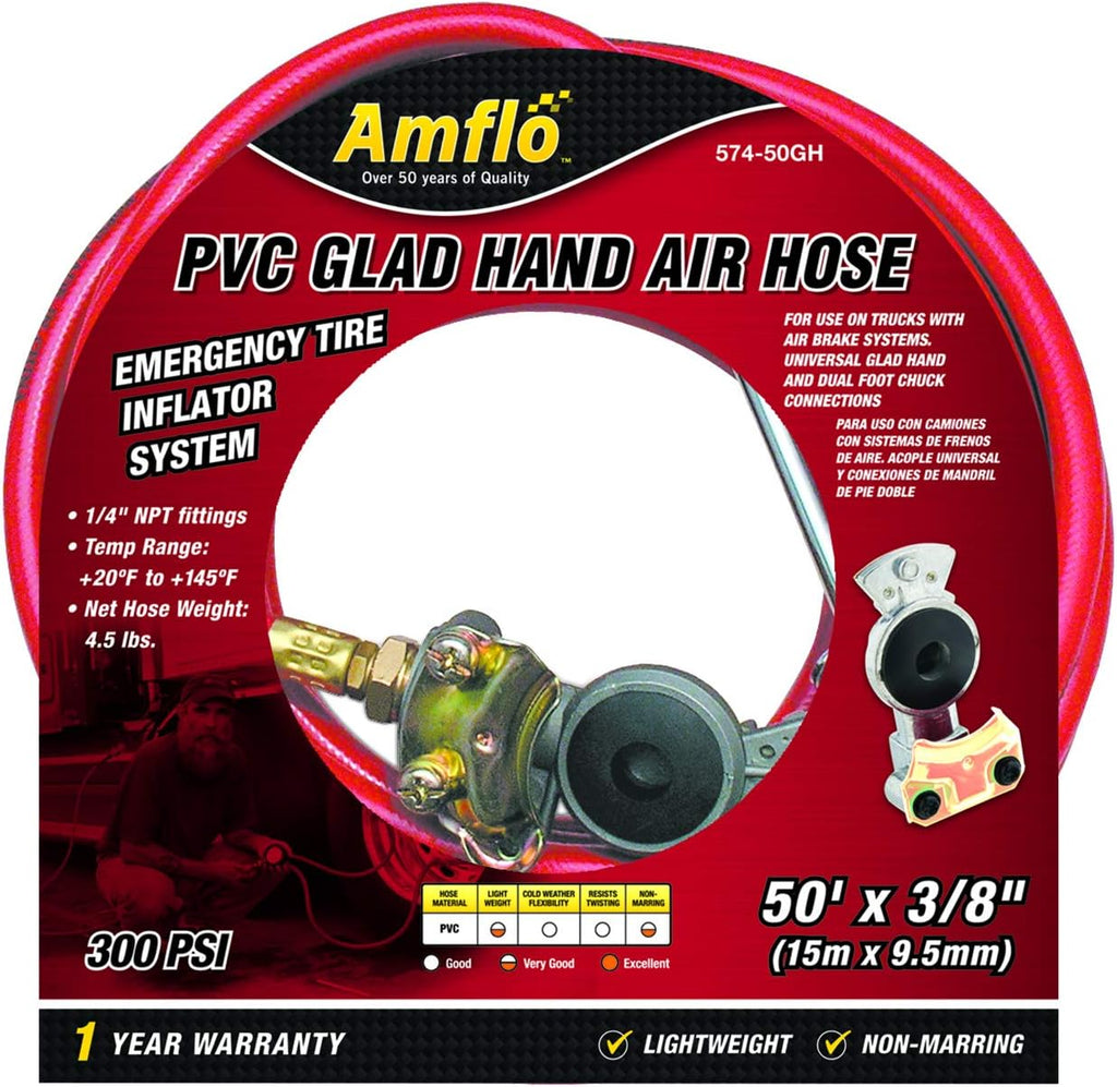Premium 574-50GH 3/8" X 50' PVC Glad-Hand Air Hose - Essential Truck Tire Inflator Kit
