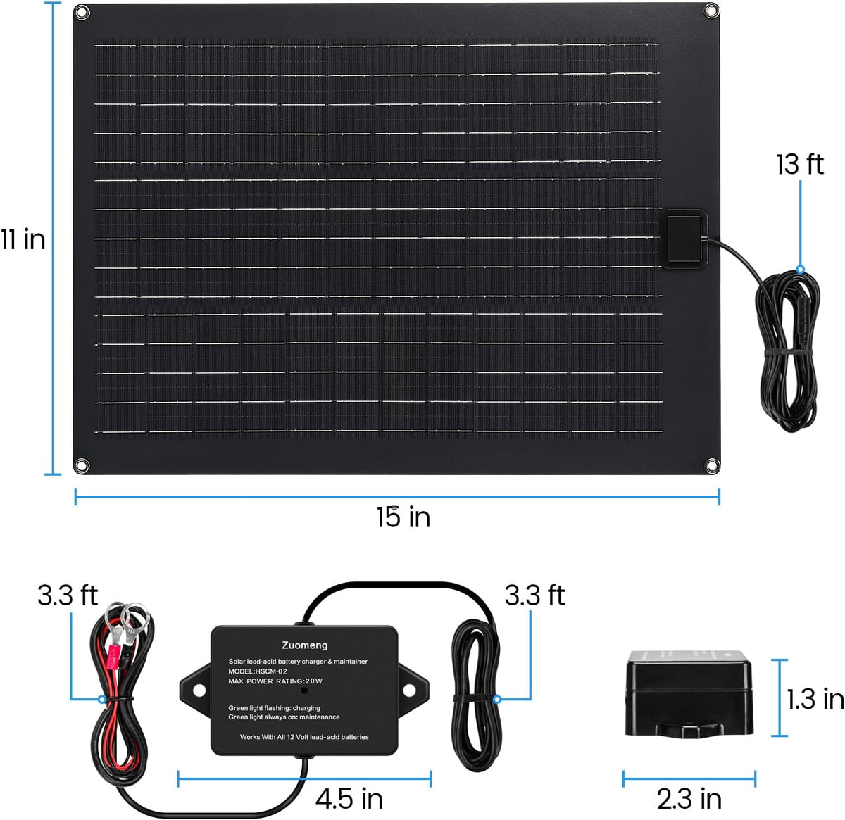 Solar Battery Charger Maintainer,  20W Solar Panel Kit for Dump Trailer Built-In Maintenance Pulse & Intelligent MPPT Charge Controller, Waterproof, Suitable for 12V Lead-Acid Battery