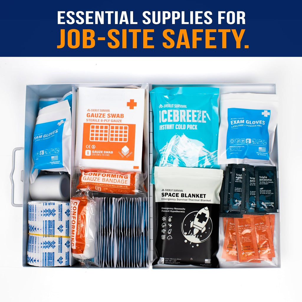 185 Pcs Metal First Aid Kit for Contractors, Construction Site, OSHA Compliant, Workshop, Business, Commercial Truck Vehicle DOT, Wall Mount Box, All-Purpose