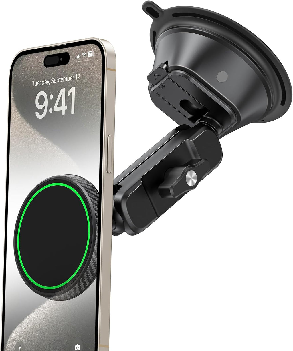 Magnetic Vacuum Suction Cup Phone Mount for Truck & Car, Heavy Duty Semi Truck Holder, 17X Strong Magnets, Adjustable Aluminum Arm Windshield Dashboard Window Mount for Magsafe Iphone 12–17 & Samsung