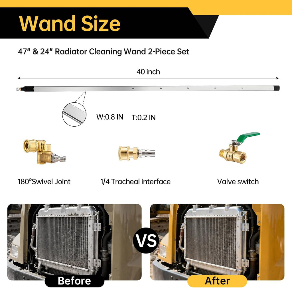 40" Radiator Cleaning Wand, 4500 PSI Radiator Cleaner Wand Water & Air Dual-Use, Radiator Cleaning Tool with 25° Fan Nozzle, Brush, Quick Coupler, Radiator Cleaner for Car, Truck, RV
