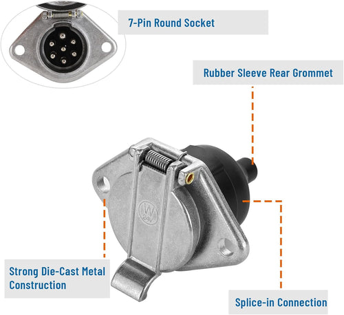 7-Pin round Vehicle-Side Female-End Socket Replacement SAE J560 Style, Die-Cast Zinc Housing 7-Way round Electrical Connector, Semi Truck Trailer Wiring Harness Car End - Sliver