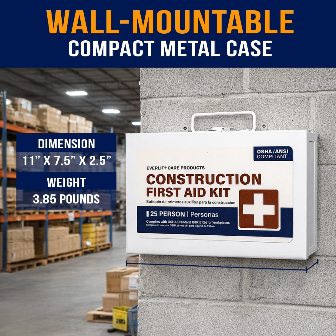 185 Pcs Metal First Aid Kit for Contractors, Construction Site, OSHA Compliant, Workshop, Business, Commercial Truck Vehicle DOT, Wall Mount Box, All-Purpose