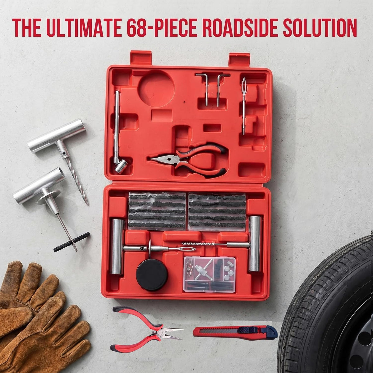 Tire Plug Kit - 68Pcs Heavy Duty Tire Repair Kit, Universal Tire Repair Tools to Fix Punctures and Plug Flats Patch Kit for Car Motorcycle, Truck, ARB，ATV, Tractor, RV, SUV, Trailer